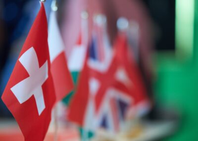 Schweizer Fahne im Fokus , dahinter Fahnen aus Frankreich, Großbritannien und Italien